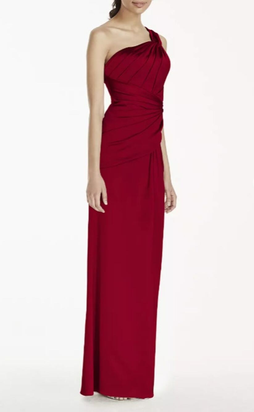 David's Bridal Red Satin One-Shoulder Ruched Formal Dress Womens Size 4 Pleated
